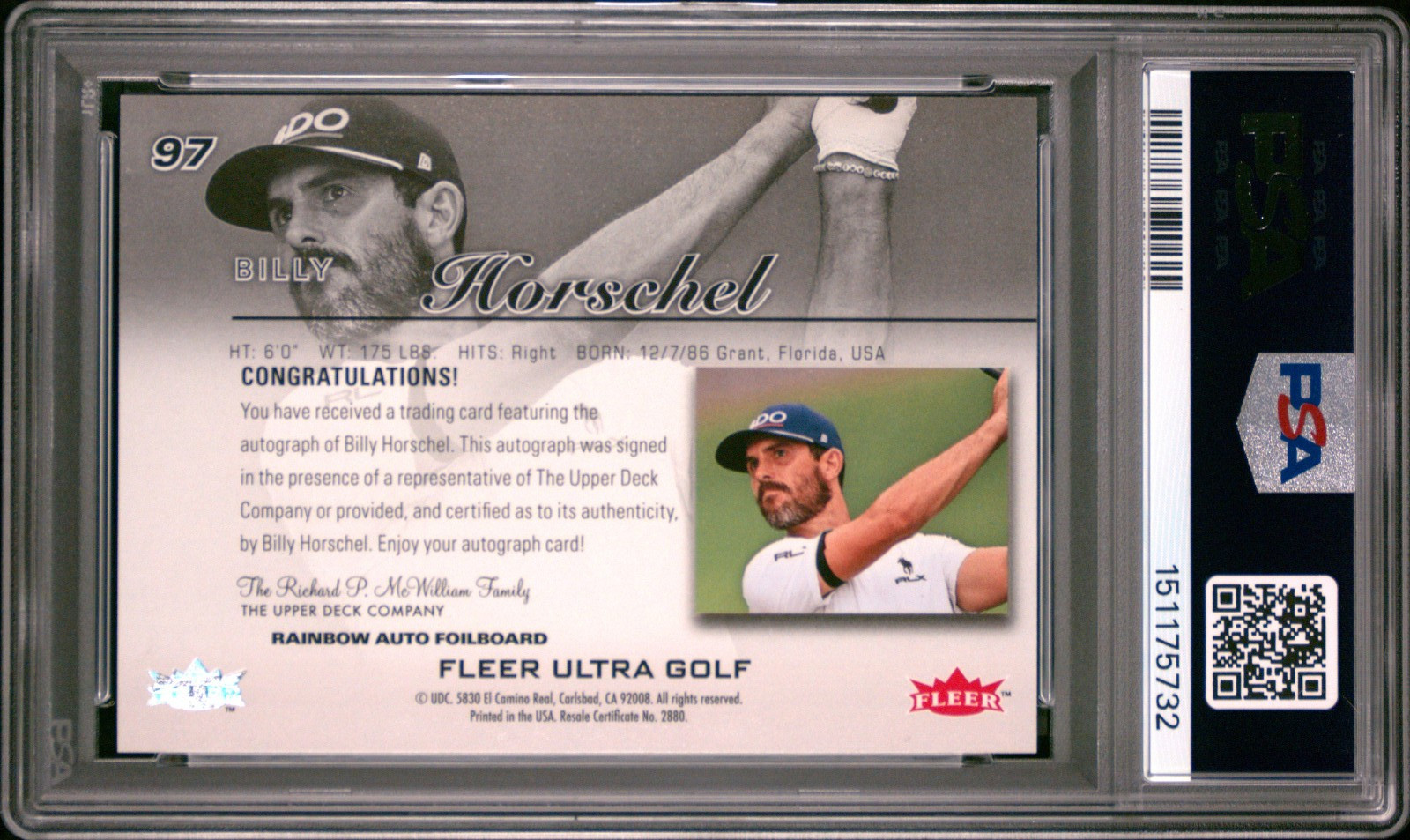 2023 Fleer Ultra Rookie Rainbow Foil Auto Billy Horschel PSA 10 GEM MINT POP 1 view 2