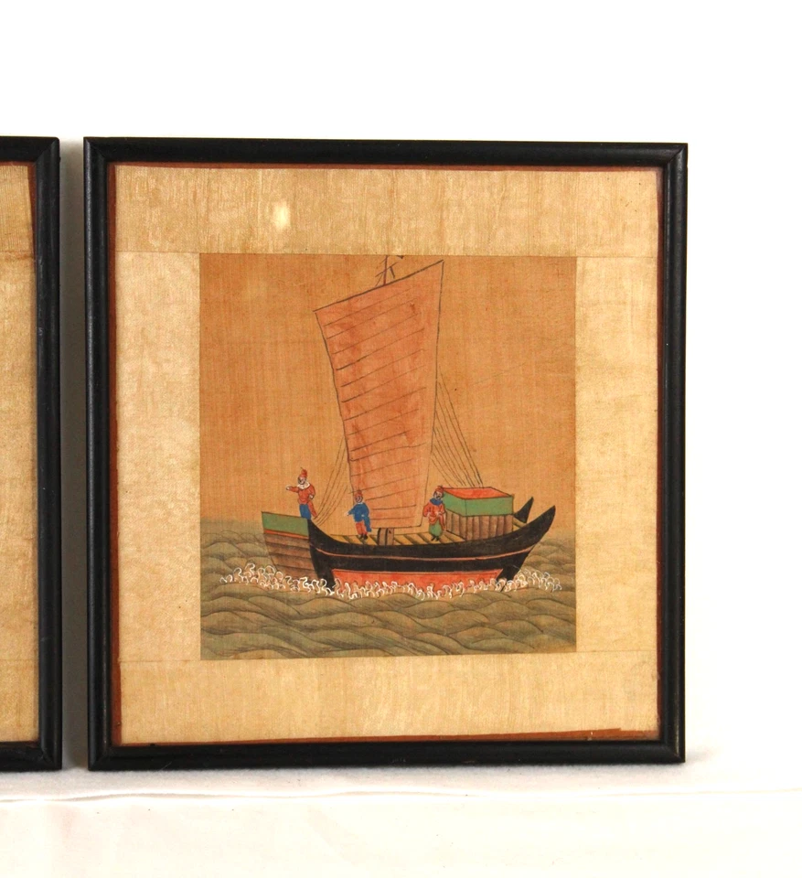 3 pinturas chinas antiguas escena de hombres y barcos en seda sin firmar enmarcado Foto 4 de 4