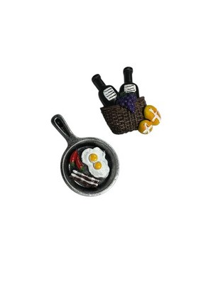 2 fridge magnets bacon eggs wine grapes bread pan basket