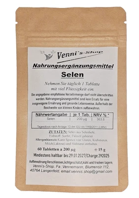SELEN 60 Tabletten a 200 µg - vegan | reicht für 2 Monate | vennis-shop