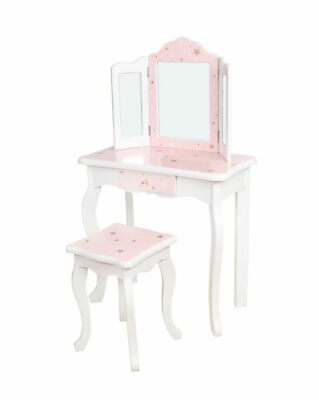 fairy dressing table Fairy Vanity Desk with Mirror and Lights, Makeup Vanity with Glass Top, 2 RGB Drawers, Shelves, Cabinet, Power Outlet, White, Size: 35.4-White