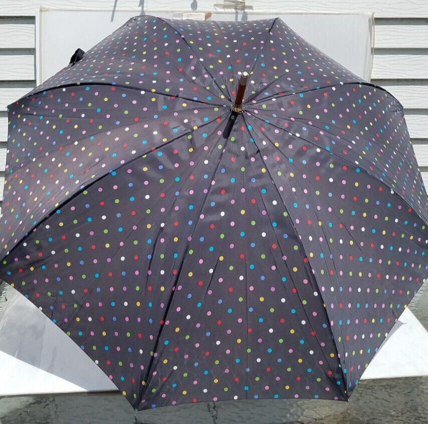 Vintage Totes Umbrella Parasol Black w Rainbow Polka Dots 40" Wood Hooked Handle