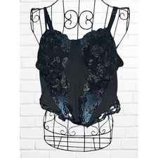 Shein Curve Women's Size 0XL Corset Crop Tank Black Lace Mesh Overlay Rosette
