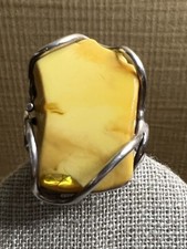 Vtg Sterling Silver 925 Egg Yolk Butterscotch Baltic Amber Ring Adjustable Sz 9