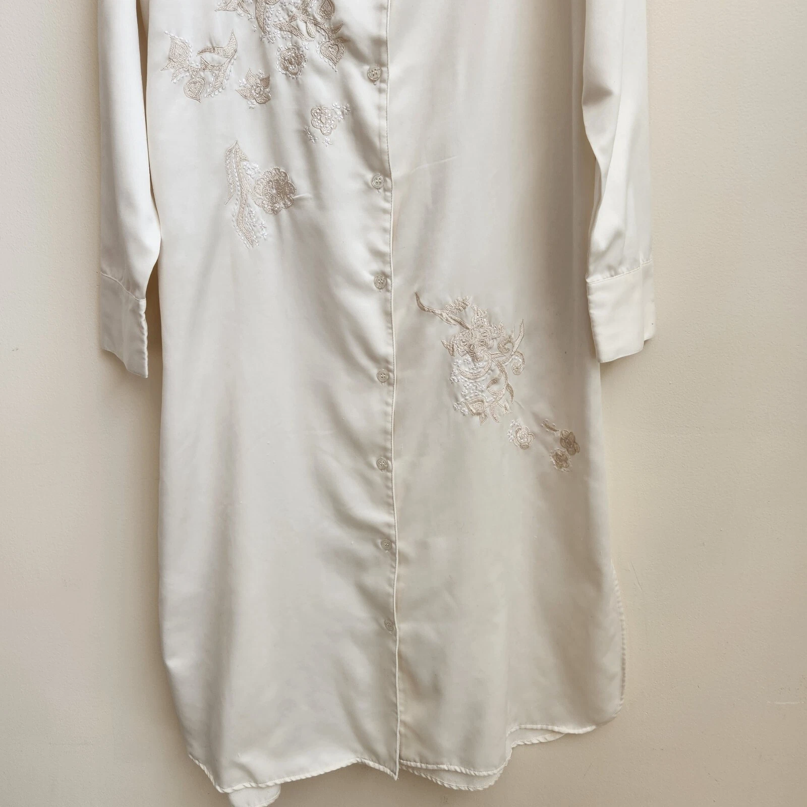 OFF WHITE Camicia da notte Natori donna S bianco sporco lunga raso ricamato floreale abito casa