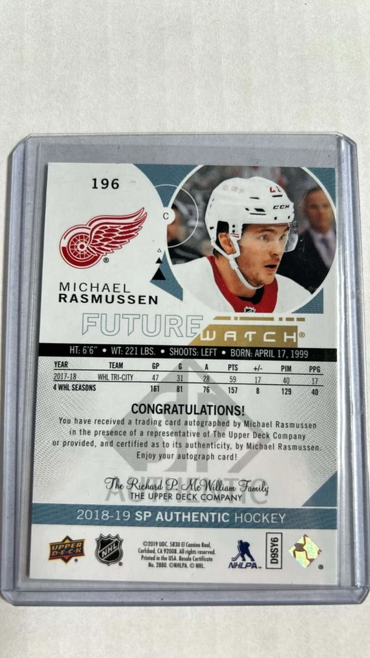 2018-19 SP AUTHENTIC FUTURE WATCH MICHAEL RASMUSSEN 858/999 RC #196 - Image 2 of 2