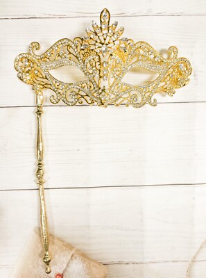 Clear Crystal Masquerade Mask with Stick, Gold Masquerade Mask, Wedding Party