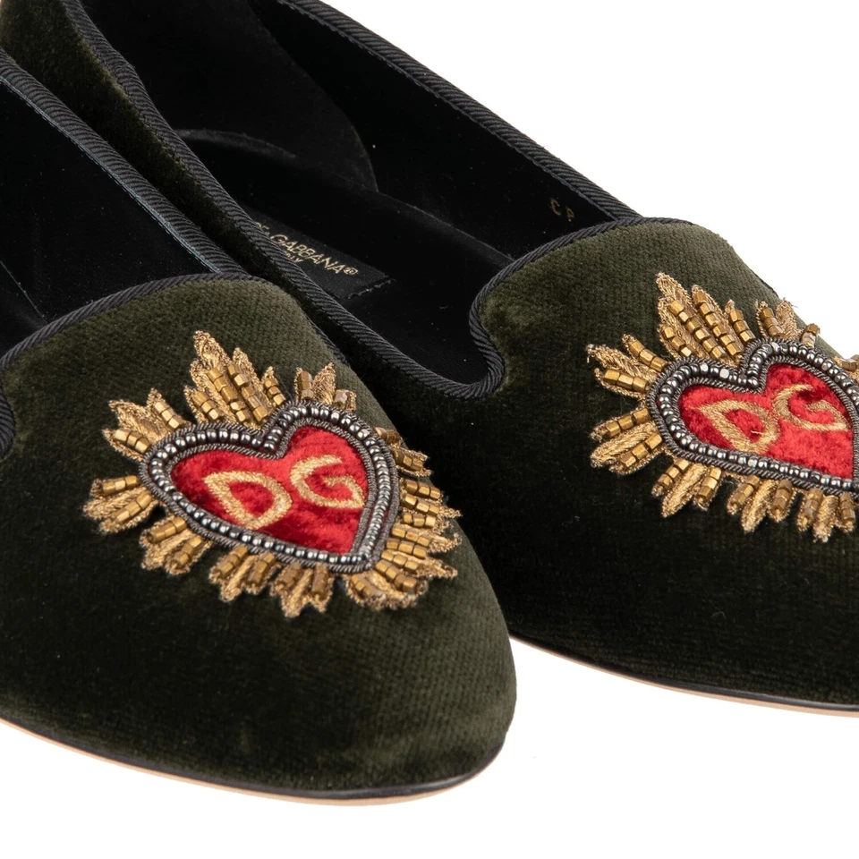 DOLCE & GABBANA Velvet Ballet Flats AUDREY Sacred Heart Embroidery Green 10021 - Image 2 of 4