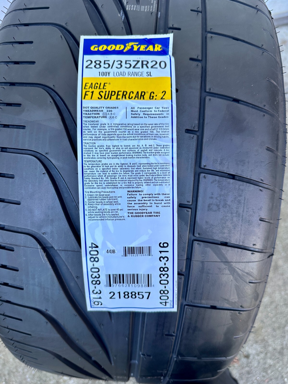 x1 Goodyear Eagle F1 Supercar G2 285/35ZR20 100Y Load SL Tire 285 35Z