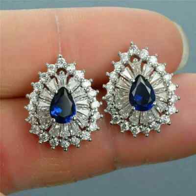 3CT Lab Created Blue Sapphire Diamond Push Back Earrings 14k White Finish