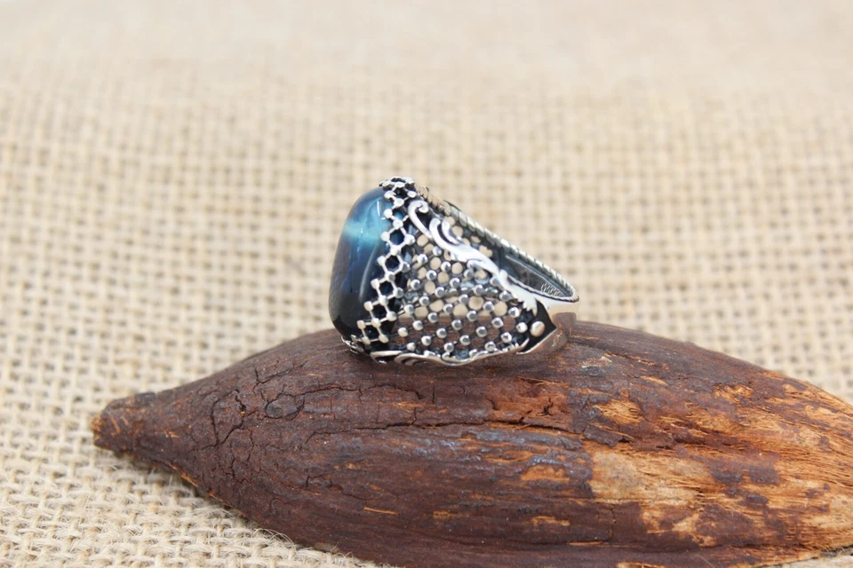 Мужское кольцо из чистого серебра 925 пробы с голубым тигровым глазом - Изображение 4 из 4