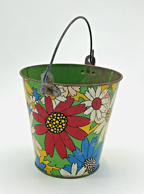 #ad #ad Ohio Art Tin Litho FLOWER POWER Sand Pail Vintage 1960s 1970s Daisy Daisies $55.00