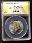 1964 Kennedy Silver Half Dollar RDV-002 Flared G! ANACS MS 64! ENN Coins