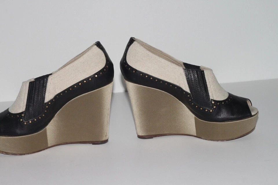 Черные кожаные холщовые туфли-лодочки ROCHAS с открытым носком на платформе на танкетке размер 36,5 - Изображение 4 из 4