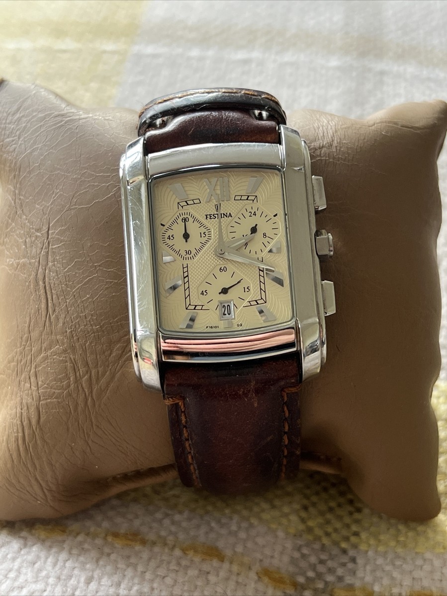 Festina Rectangle Silver Tone Cognac Dial Chronograph Mens Watch