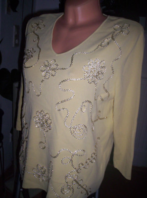 ''Al Paradise'' Sommer-Pullover, gelb mit Stickereien, stretchig, neuw. Gr.L/40