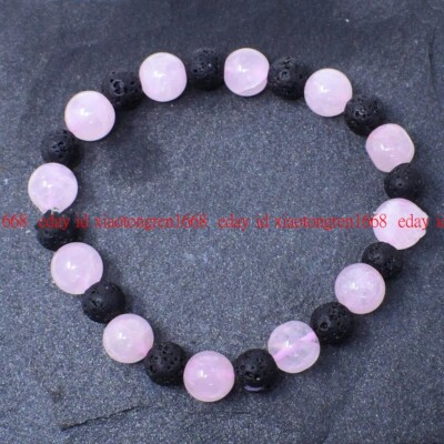Natural 10mm Rose Quartz & Lava Stone Round Gemstone Beads Bracelet 7.5''