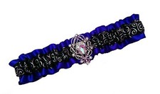 Handmade Royal Blue Black Satin Wedding or Prom GARTER Belt Rhinestone Pendant