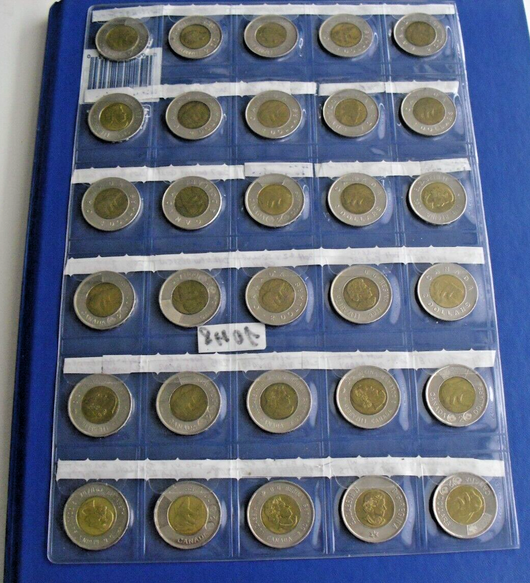 30 Canadian Toonies all different in collector sheet $2 Canada coin ...