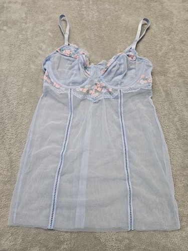 Brand New Light Blue Sheer Lace Chemise with Floral Embroidery Lingerie Large - Picture 2 of 4