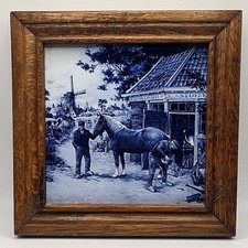 Delft Blue Vintage Dutch Tile Mid Century Wind Mill, Horse, Man Blacksmith Mosa