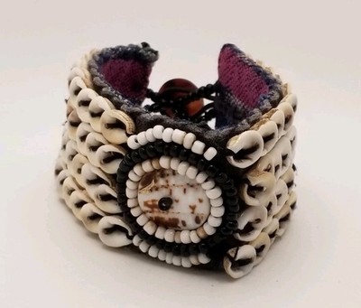Vintage 7.5'' Beaded Artisan Bracelet Cowrie Shell Bead Tribal Band 1.5''wide Boho