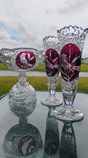 Bohemian Czech Crystal Candy bowl With Stem And 2 Fluted Vases
