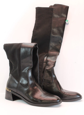 Blk UNISA Knee-Hi Unaklen-T Faux Leather Expand. Calf Zip Ankle 8.5M Gold Spur