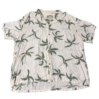 Paradise Found Mens XL Aloha Shirt Palm Tree Rayon Button Up Hawaii White Green