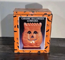 Vintage Ceramic Halloween Luminary Pumpkin Jack-O-Lantern Candle Holder NIB