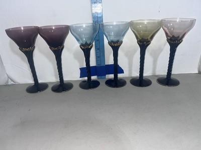 VINTAGE MORGANTOWN GLASS GOBLETS ~ LOT OF 6~ Amethyst Glass TWIST STEM GOLD TRIM