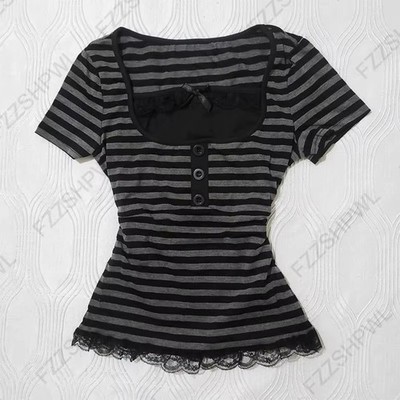Womens Gothic Stripe Shirt S-L Y2K Emo edgy  alt Grunge Lace Trim Baby Tee Top