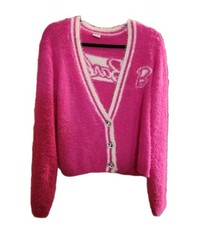 Barbie Womens XL Cropped Cardigan Sweater Pink Fuzzy Knit Varsity Heart Buttons