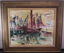 Vtg Mid Century Painting Brutalist Impressionist Textured Sailboats