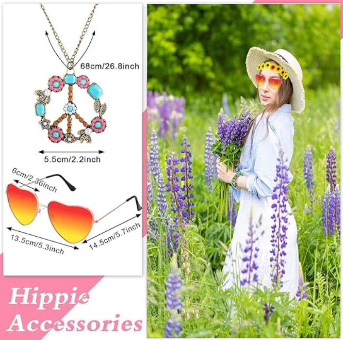 Conjunto de 5 peças de acessórios de fantasia hippie feminino anos 60 anos 70 roupa retrô colar óculos - Imagem 3 de 4