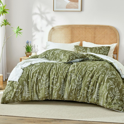 Olive Green King Comforter Set - King Size Comforter Set, 3 Pieces Cute Floral B - Picture 2 of 12