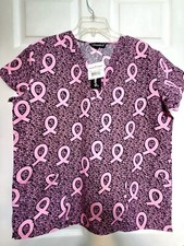 NWT-Cassandra O Scrub Top Size M-Pink/Black Cancer Ribbons-Chest 22.5"/L 28"
