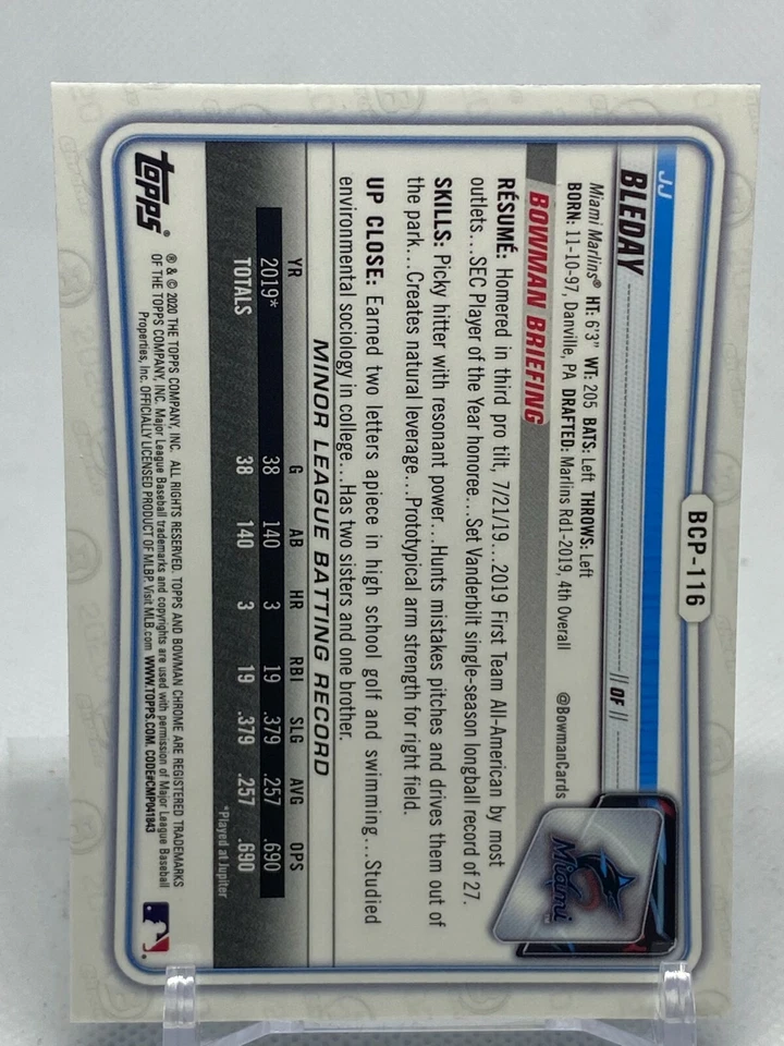 2020 Bowman Chrome Sapphire Prospects #BCP116 J.J. Bleday - Image 2 of 2