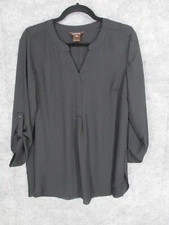 Multiples Womens Top Small Roll Tab Sleeve Scoop V-Neck Pleated Back Flowy Black