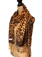 Women's Leopard Print Fringed Pashmina Scarf Wrap 13.5"x72" Safari Classic NWT