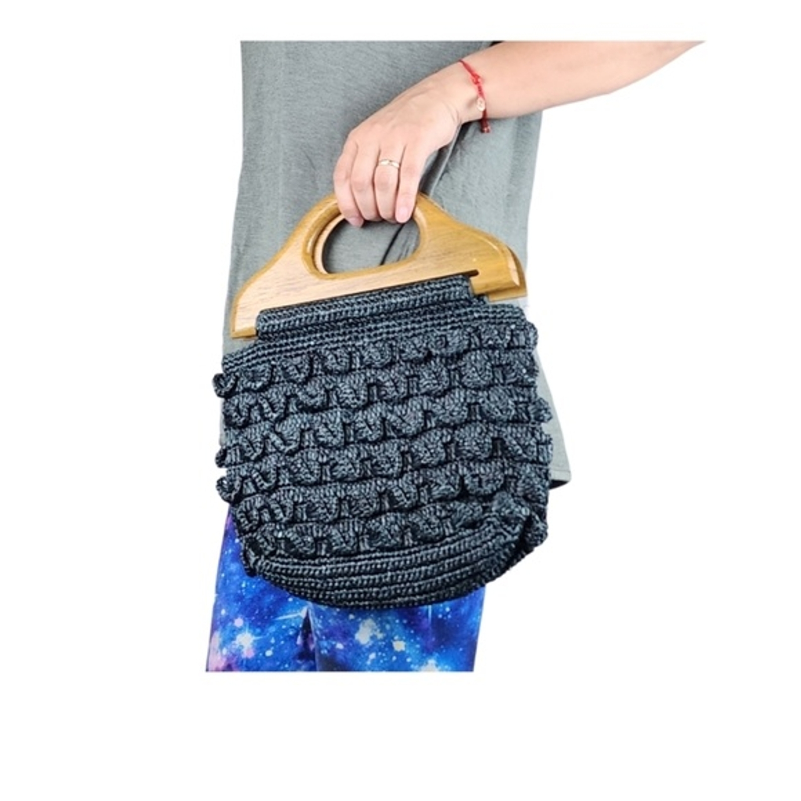 Nicole Miller Boho Knit Clutch with Wood Handle and Snap Button