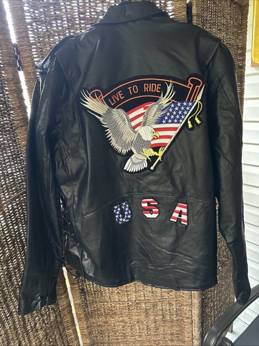 Motorcycle Mens Leather Jacket Diamond Plate Buffalo Live To Ride Eagle 2XL