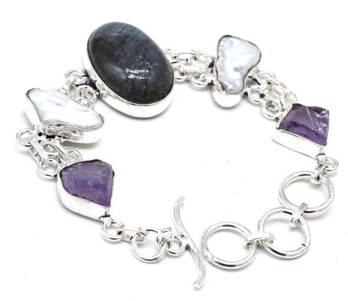 Bracelet En Argent Sterling Et Labradorite - Bijou Ancien, Pierre Aux Reflets Bleutés