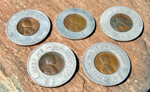 group 5 pcs WHEAT EAR CENT ENCASED PENNIES REXALL DRUG, RED GOOSE SHOES BENDIX - Picture 8 of 12
