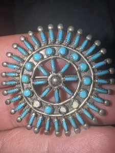 Authentic Zuni Turquoise Needlepoint Pendant. Zuni Jewelry. Silver and Turquois
