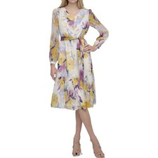 DKNY Sunshine Floral Chiffon Midi Dress Yellow Purple NEW size 2