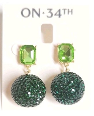 On 34th Pave Fireball Dangle Drop Earrings Green Multi-Color Goldtone New