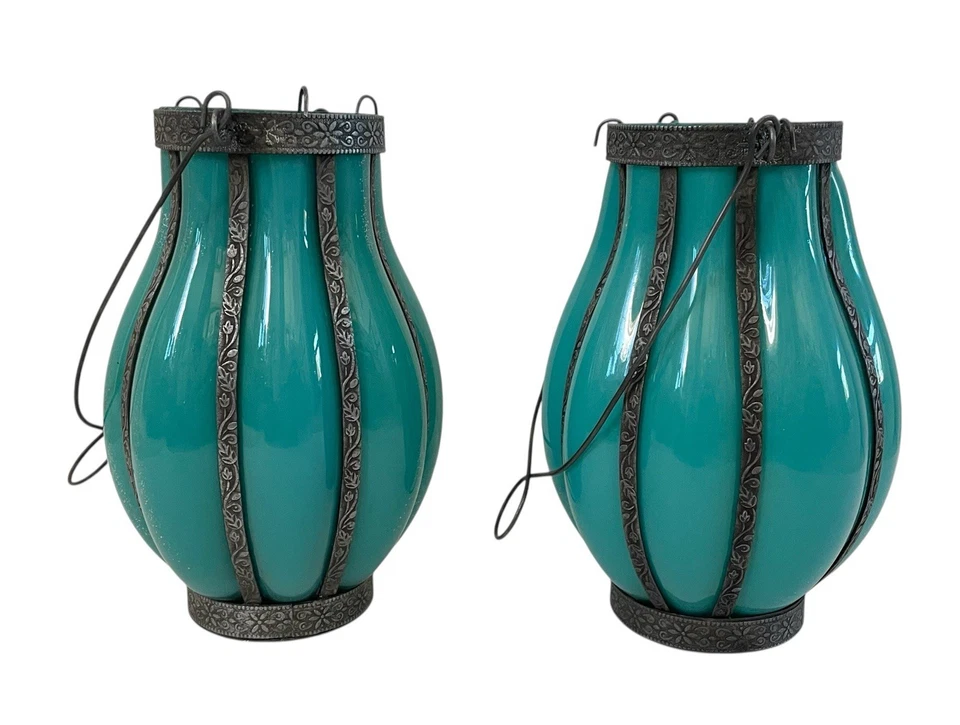 "Juego de 2 linternas marroquíes turquesa con metalistería interior y exterior, 7,5""" Foto 4 de 4