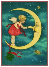 Little Girl Tickling the Moon from Vintage Card Counted Cross Stitch Pattern