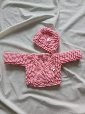 NEU Frühchen 3-5 Pfund Baby Mädchen/Puppen handgestrickt Jacke & Mütze Set rosa
